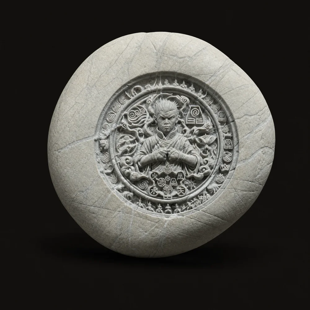 Detailed circular medallion engraved deep into a light natural stone